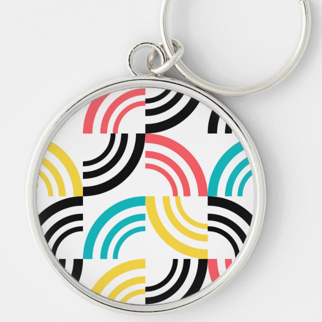 Färgfull, modern, roligt, sansad geometrisk grafik rund silverfärgad nyckelring (Framsidan)