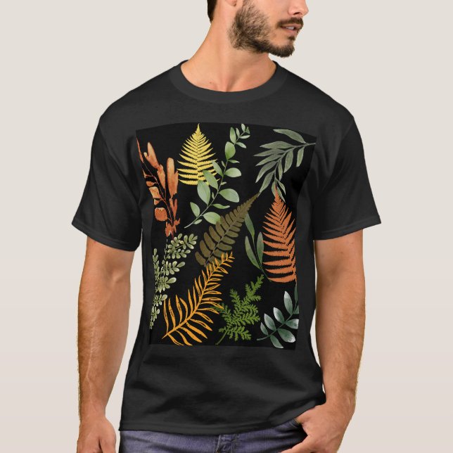 Färgfull Mörk Fern Botanisk Blommigt av flytande l T Shirt (Framsida)