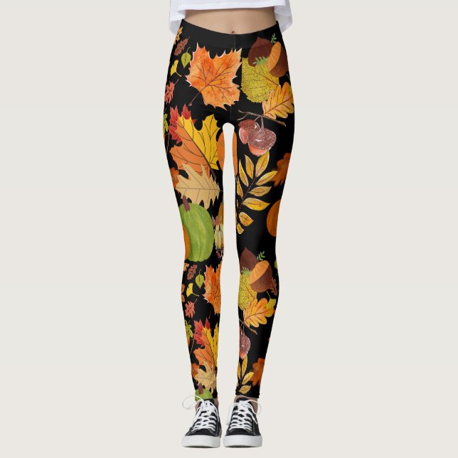 Färgfull Mörk Höst löv Botanisk Blommigt Leggings (Framsida)