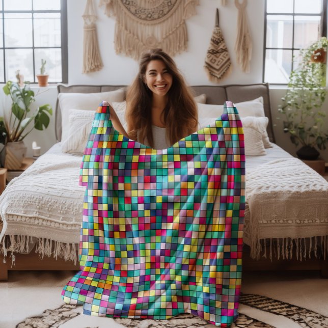 Färgfull mosaik, geometriska kvadrater mönster fleecefilt (Skapare uppladdad)