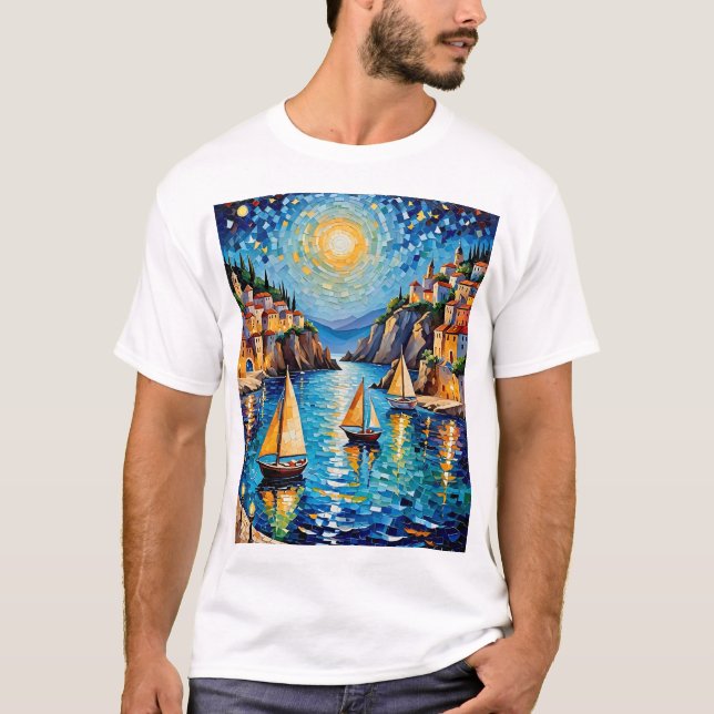 Färgfull mosaik som seglar under Medelhavssolnedgå T Shirt (Framsida)