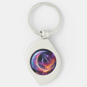 Färgfull nattlinda himmel Varg, halvmåns måne Swirl Silverfärgad Nyckelring