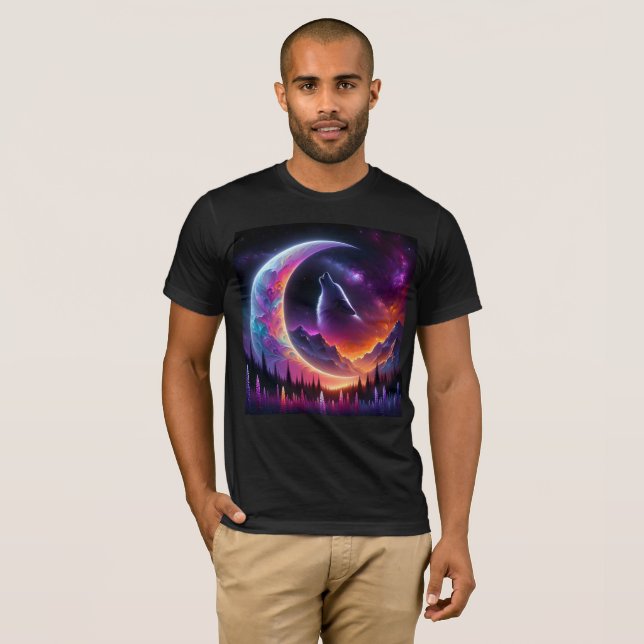 Färgfull nattlinda himmel Varg, halvmåns måne T Shirt (Hel framsida)