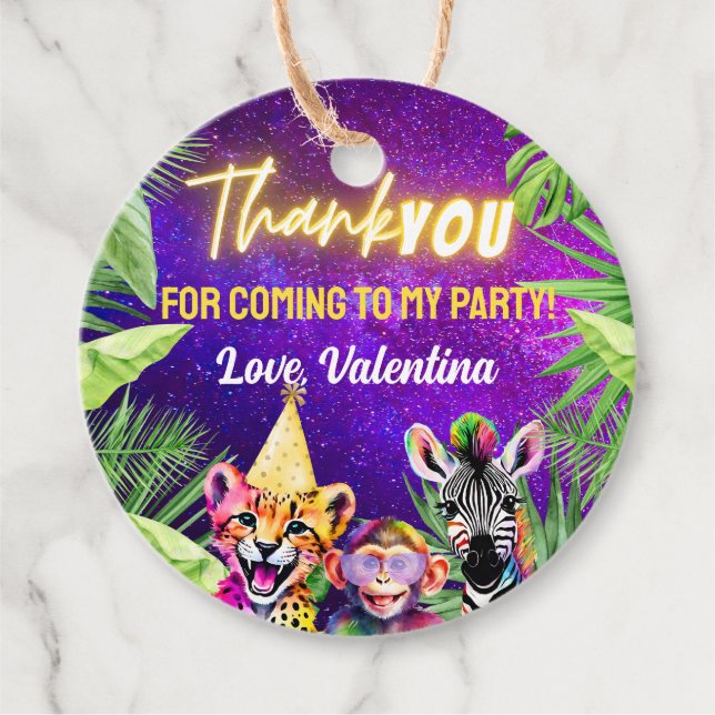 Färgfull Neon Glow Safari Party Animals Tack Gåvor Etiketter (Framsida)