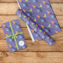 Färgfull och söt spöken som flyger på en lilak presentpapper