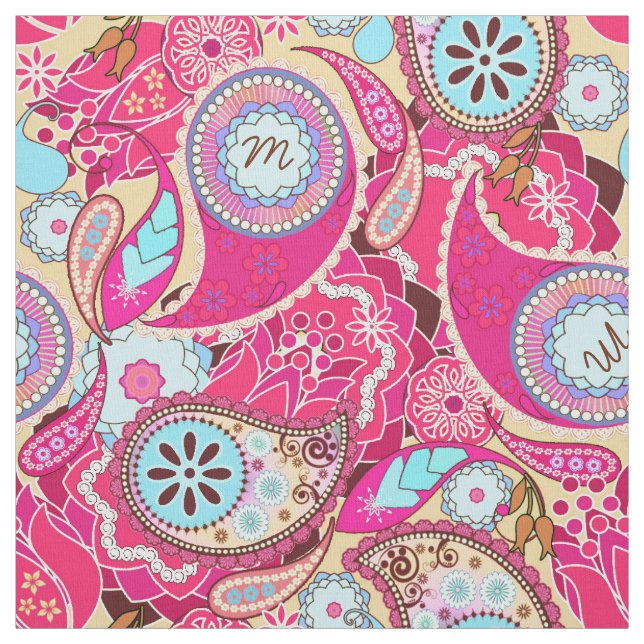 Färgfull Paisley Monogram Shock rosa CPM Tyg (Provkarta)