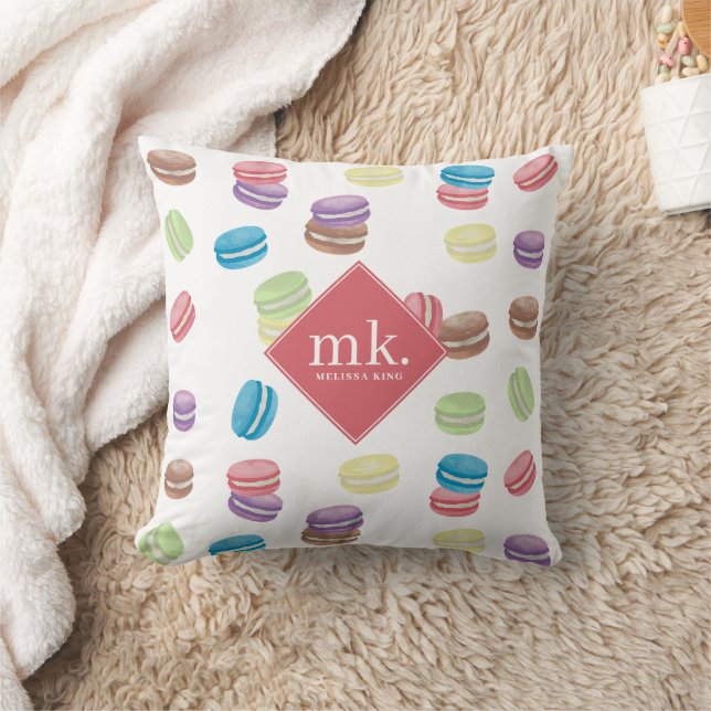 Färgfull Pastel Watercolor Macarons Monogram Kudde (Filt)