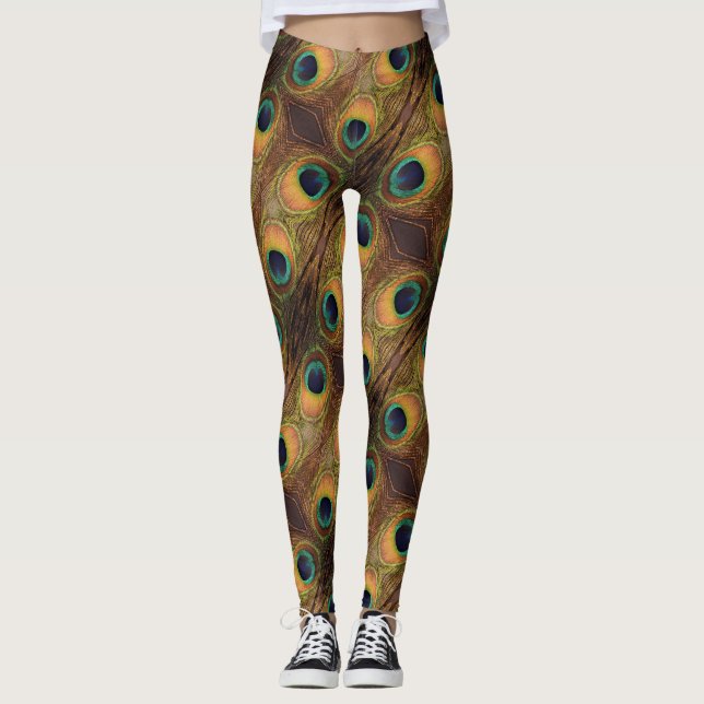 Färgfull Peacock Grönt Guld Black 4 Penny Leggings (Framsida)