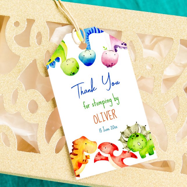 Färgfull personlig för baby-dinosaurier-födelsedag presentetikett (Skapare uppladdad)