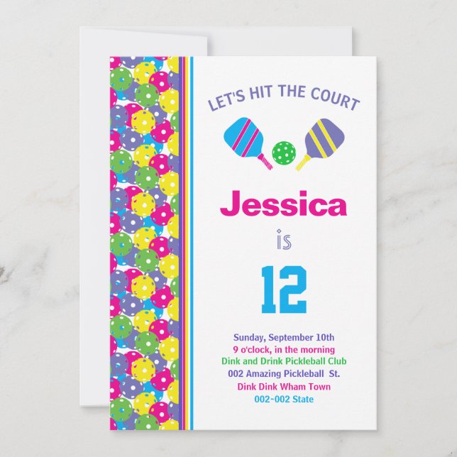Färgfull Pickleball B'day party + OSA-inbjudan Inbjudningar (Framsida)