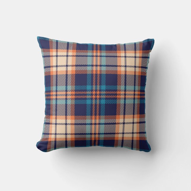 Färgfull plaid mönster i blått, orange, beige. Hen Kudde (Framsida)