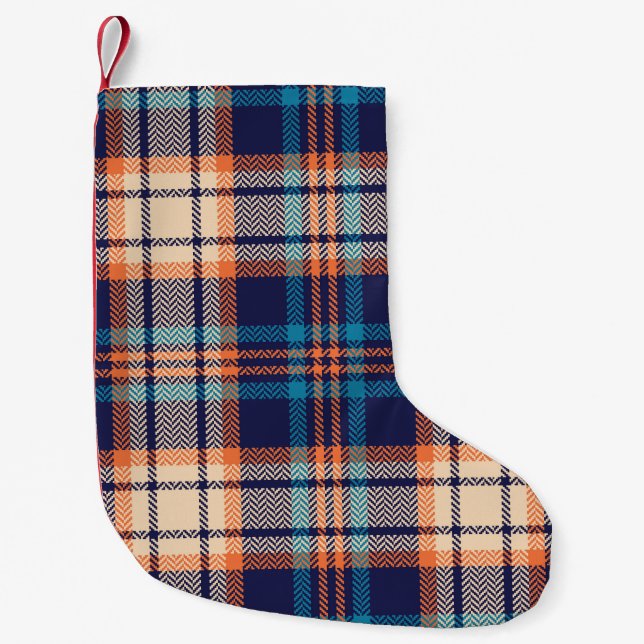 Färgfull plaid mönster i blått, orange, beige. Hen Liten Julstrumpa (Framsidan)