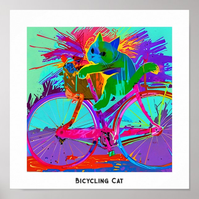 Färgfull pop Art Editable Comical Cat på Cycle Poster (Framsidan)