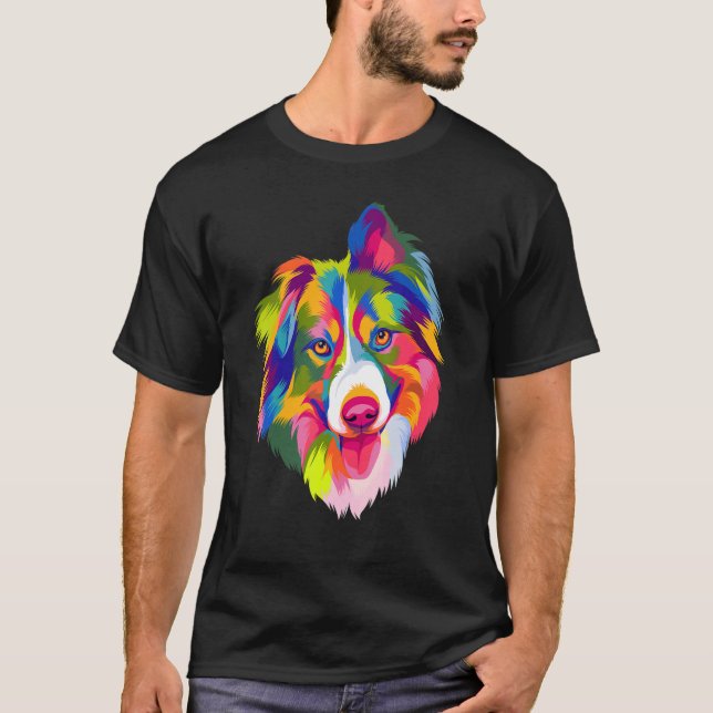 Färgfull Pop Australian shepherd Porträtt Aussie T Shirt (Framsida)