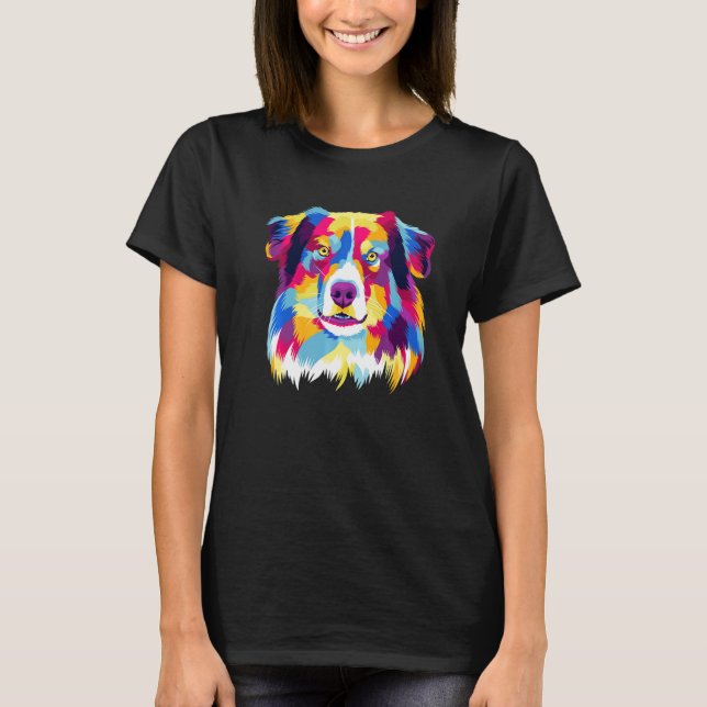 Färgfull Pop Australian shepherd Porträtt Aussie T Shirt (Framsida)