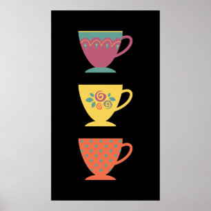Färgfull porslinsset av te kopp, kaffe mugg poster