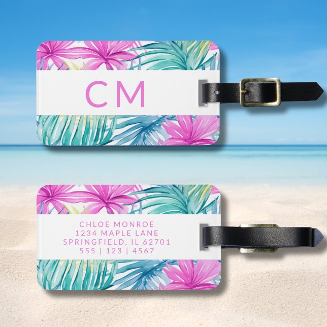 Färgfull Preppy Monogrammed Tropical Mönster Rosa Bagagebricka (Skapare uppladdad)