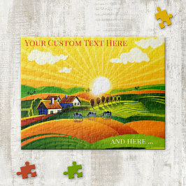 Färgfull primitiv konst Farm Land Sunrise Puzzle Pussel