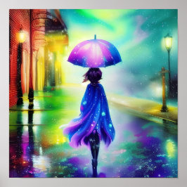 Färgfull promenad i regnet poster