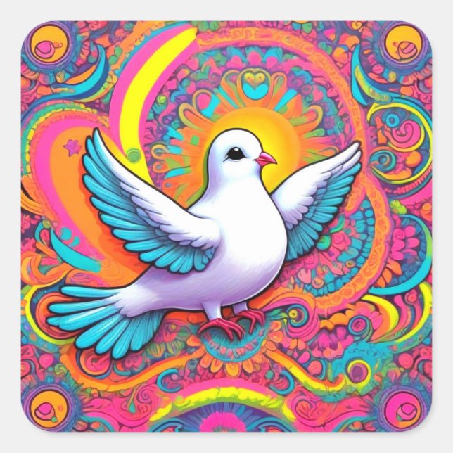 Färgfull Psychedelic Dove Sticker Fyrkantigt Klistermärke (Framsida)
