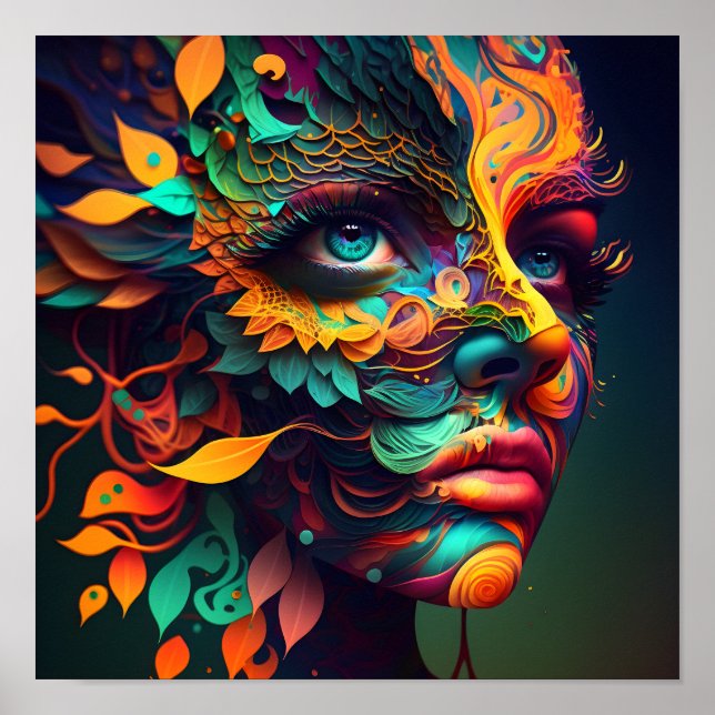 Färgfull Psychedelic Female Ansikte AI-genererad k Poster (Framsidan)