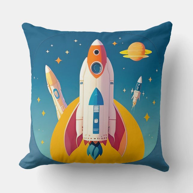 Färgfull raketstart i Vibrant Tecknad Kudde (Framsida)