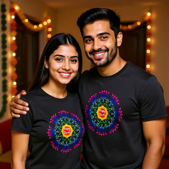 Färgfull Rangoli med Lycklig Diwali T-Shirt (Colorful Rangoli with Happy Diwali T-Shirt)