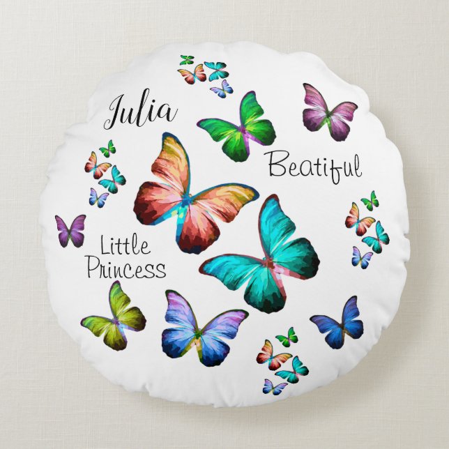 Färgfull Realm of Morpho Blue Rainbow Butterflies Rund Kudde (Framsidan)