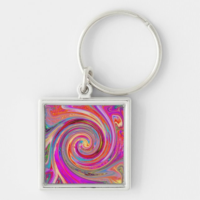 Färgfull regnbåge Swirl Retro Abstract Design Fyrkantig Silverfärgad Nyckelring (Framsidan)