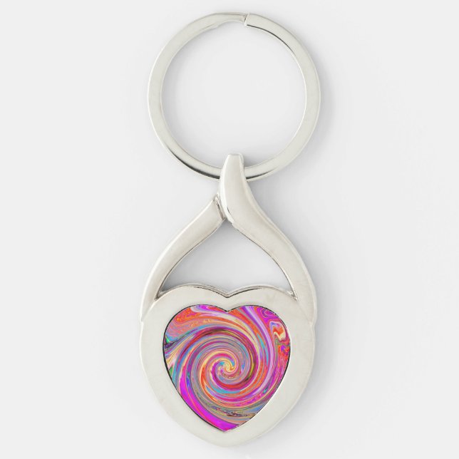 Färgfull regnbåge Swirl Retro Abstract Design Twisted Heart Silverfärgad Nyckelring (Framsidan)