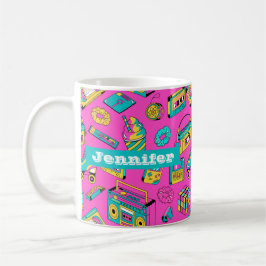 Färgfull Retro 80s Girly Neon Rosa Mönster Namn Kaffemugg