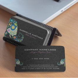 Färgfull Retro-Blommigt Elephant & Black Damasks Visitkort