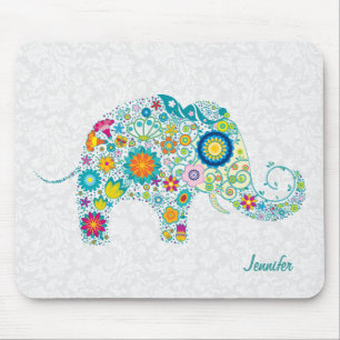 Färgfull Retro-Blommigt Elephant & White Damasks Musmatta