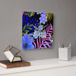 Färgfull Retro-Blommigt Fern Botaniskt blad Fyrkantig Klocka