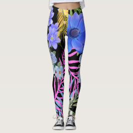 Färgfull Retro-Blommigt Fern Botaniskt blad Leggings