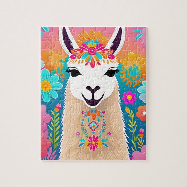 Färgfull Retro Blommigt Llama Jigszle Puzzle Pussel (Vertikal)