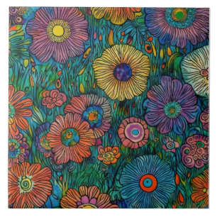 Färgfull Retro-Blomsterträdgård Kakelplatta