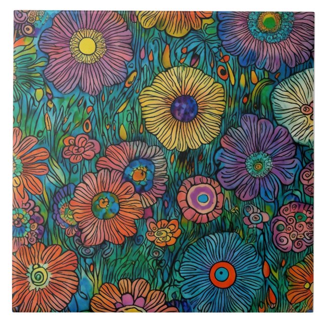 Färgfull Retro-Blomsterträdgård Kakelplatta (Framsidan)