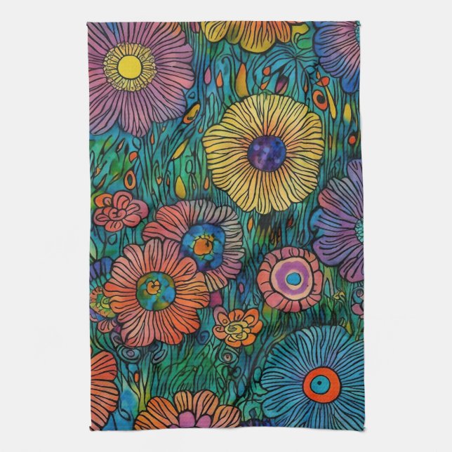 Färgfull Retro-Blomsterträdgård Kökshandduk (Vertikal)