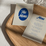 Färgfull Retro Bright-Funky Modern Middag Bröllop Meny<br><div class="desc">En färglös funky,  modern,  smart bröllop-middagsmeny. Med chicens malldesign beige vintage beige mjölkaktig bakgrund och blå typografi och vintage fet meny i blått. Perfekt och enkel redigerbar meny som passar för hela sviten.</div>