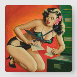 Färgfull Retro Femme Fatale Wall Clock Fyrkantig Klocka