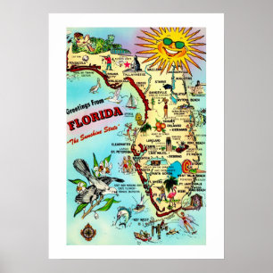 Färgfull Retro Florida 20 x 28 Karta-utskrift Poster