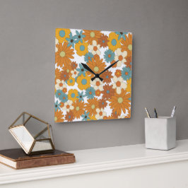 Färgfull retro Flower Mönster Fyrkantig Klocka