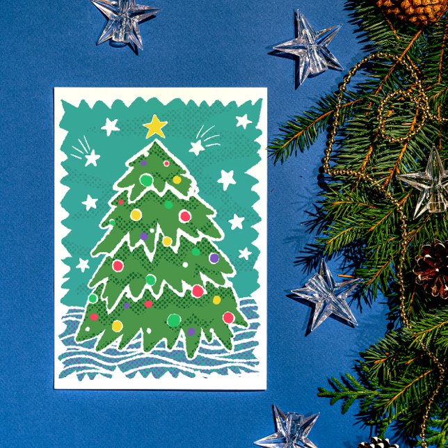 Färgfull Retro Frimärke Stil Julgran Julkort (holiday card with illustrated retro style Christmas tree and ornaments)