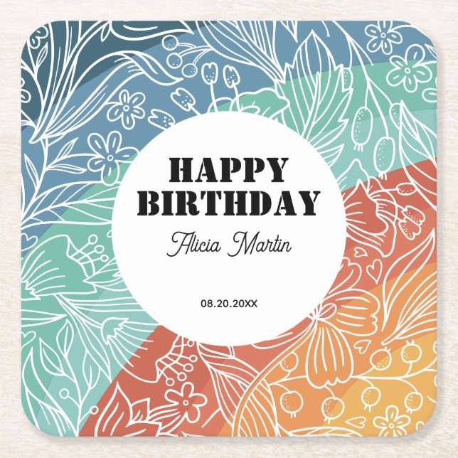 Färgfull Retro Groovy Rainbow Blommigt Birthday Underlägg Papper Kvadrat (Framsidan)