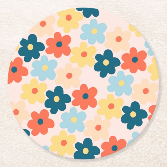 Färgfull Retro Hippie Flower Mönster Underlägg Papper Rund (Framsidan)