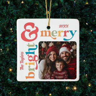 Färgfull Retro Merry & Bright Jul Photo Julgransprydnad Keramik