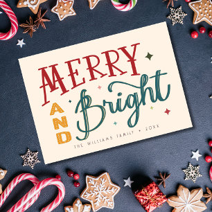 Färgfull Retro Merry och Bright Jul-Helgdag Helgkort