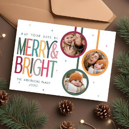 Färgfull Retro Merry och Bright Photo Cute Stars Julkort