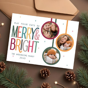 Färgfull Retro Merry och Bright Photo Cute Stars Julkort